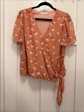 Lush Coral Floral Wrap Tie Blouse